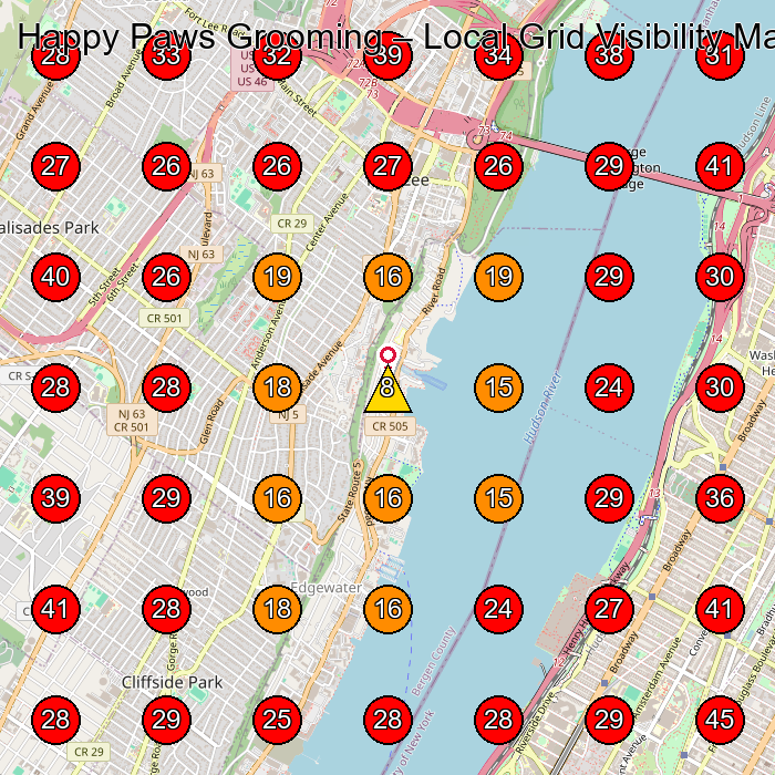 Happy Paws Grooming GeoGrid visibility map for Pet Groomer in Fort Lee
